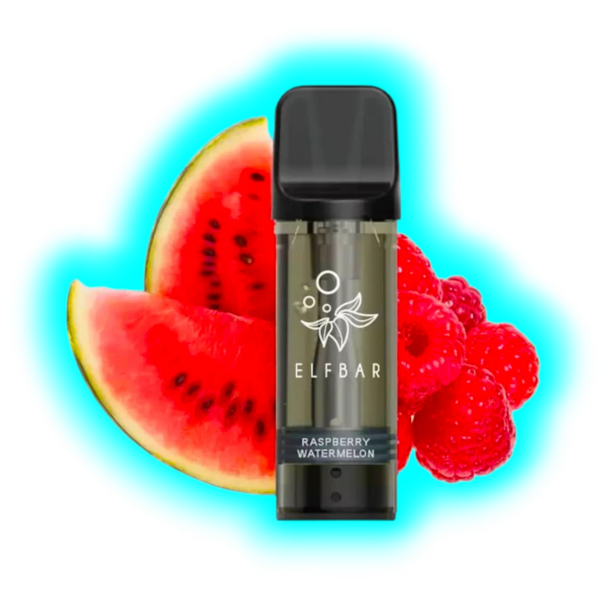Vape-Pod mit schwarzem Mundstück und Aufschrift 'ELFBAR' sowie 'RASPBERRY WATERMELON' vor Wassermelonen- und Himbeerstücken