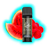 Vape-Pod mit schwarzem Mundstück und Aufschrift 'ELFBAR' sowie 'RASPBERRY WATERMELON' vor Wassermelonen- und Himbeerstücken