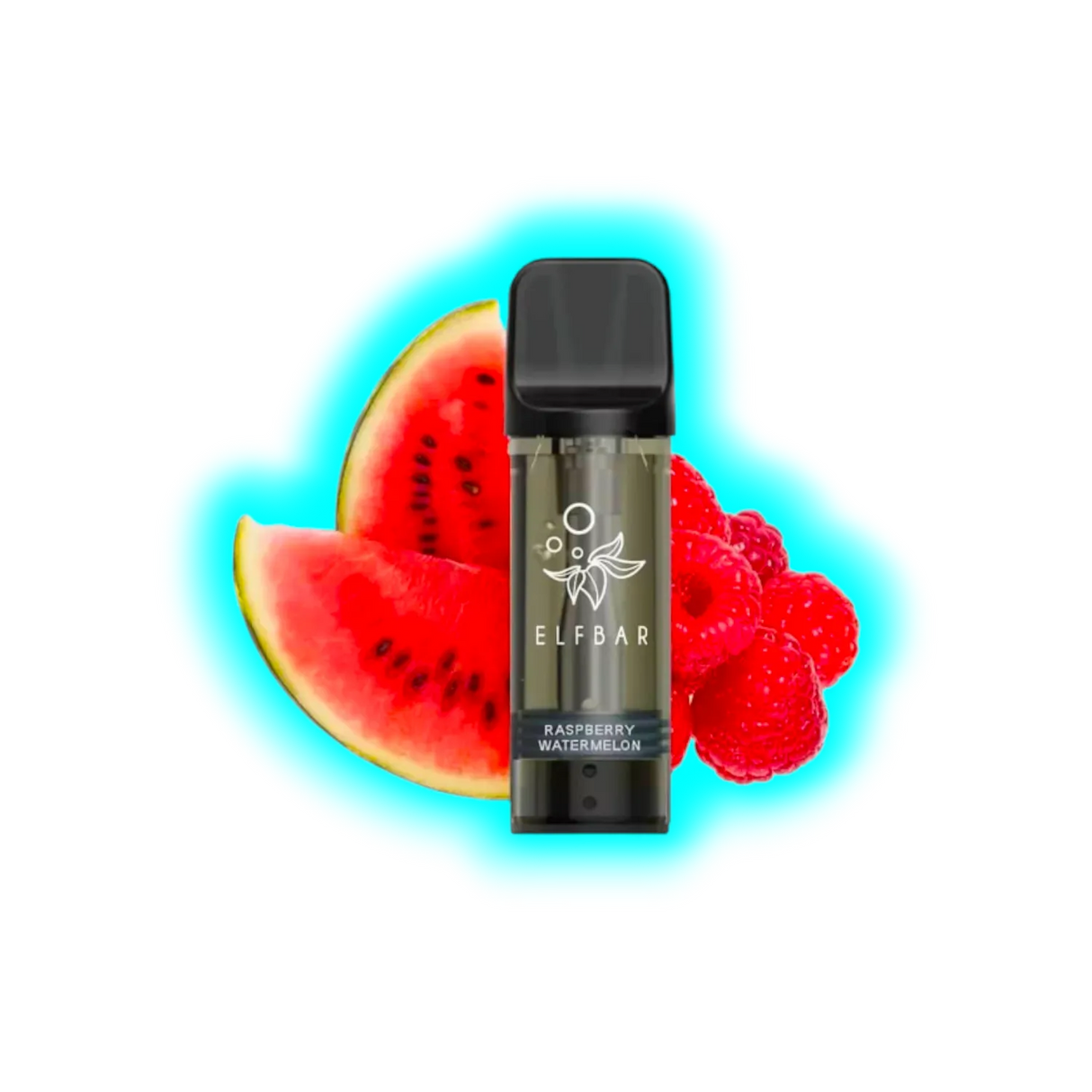 Vape-Pod mit schwarzem Mundstück und Aufschrift 'ELFBAR' sowie 'RASPBERRY WATERMELON' vor Wassermelonen- und Himbeerstücken
