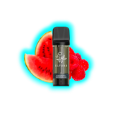 Vape-Pod mit schwarzem Mundstück und Aufschrift 'ELFBAR' sowie 'RASPBERRY WATERMELON' vor Wassermelonen- und Himbeerstücken