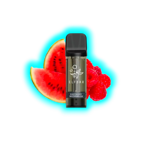 Vape-Pod mit schwarzem Mundstück und Aufschrift 'ELFBAR' sowie 'RASPBERRY WATERMELON' vor Wassermelonen- und Himbeerstücken