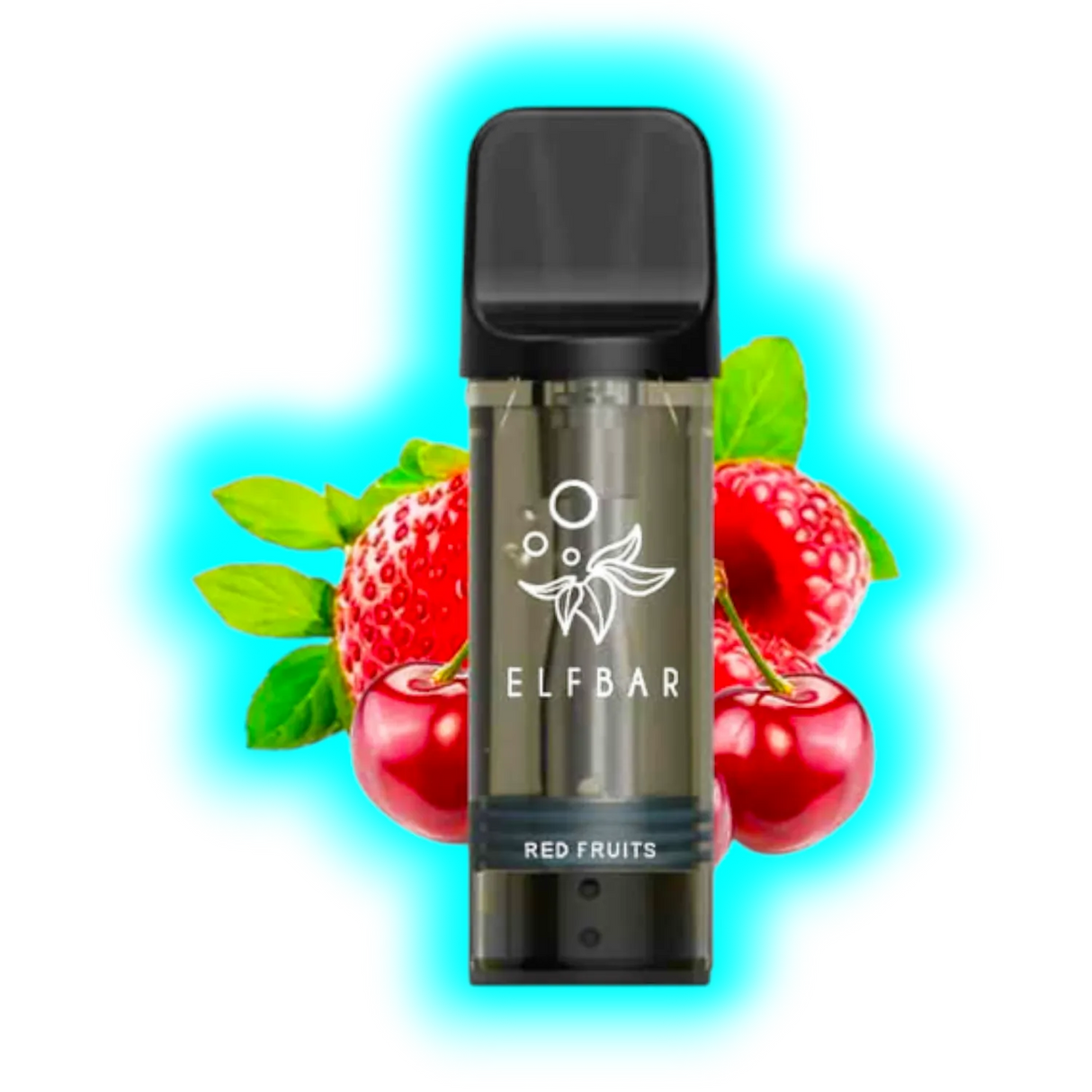 Vape-Pod mit schwarzem Mundstück und transparentem Tank, davor Kirschen und Erdbeeren, Beschriftung 'ELFBAR' und 'RED FRUITS'