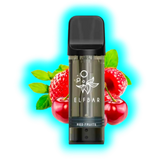 Vape-Pod mit schwarzem Mundstück und transparentem Tank, davor Kirschen und Erdbeeren, Beschriftung 'ELFBAR' und 'RED FRUITS'