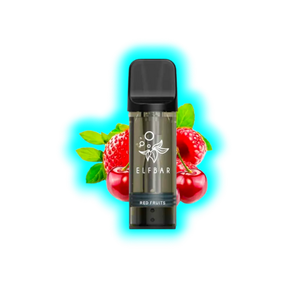 Vape-Pod mit schwarzem Mundstück und transparentem Tank, davor Kirschen und Erdbeeren, Beschriftung 'ELFBAR' und 'RED FRUITS'