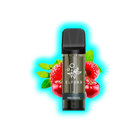 Vape-Pod mit schwarzem Mundstück und transparentem Tank, davor Kirschen und Erdbeeren, Beschriftung 'ELFBAR' und 'RED FRUITS'