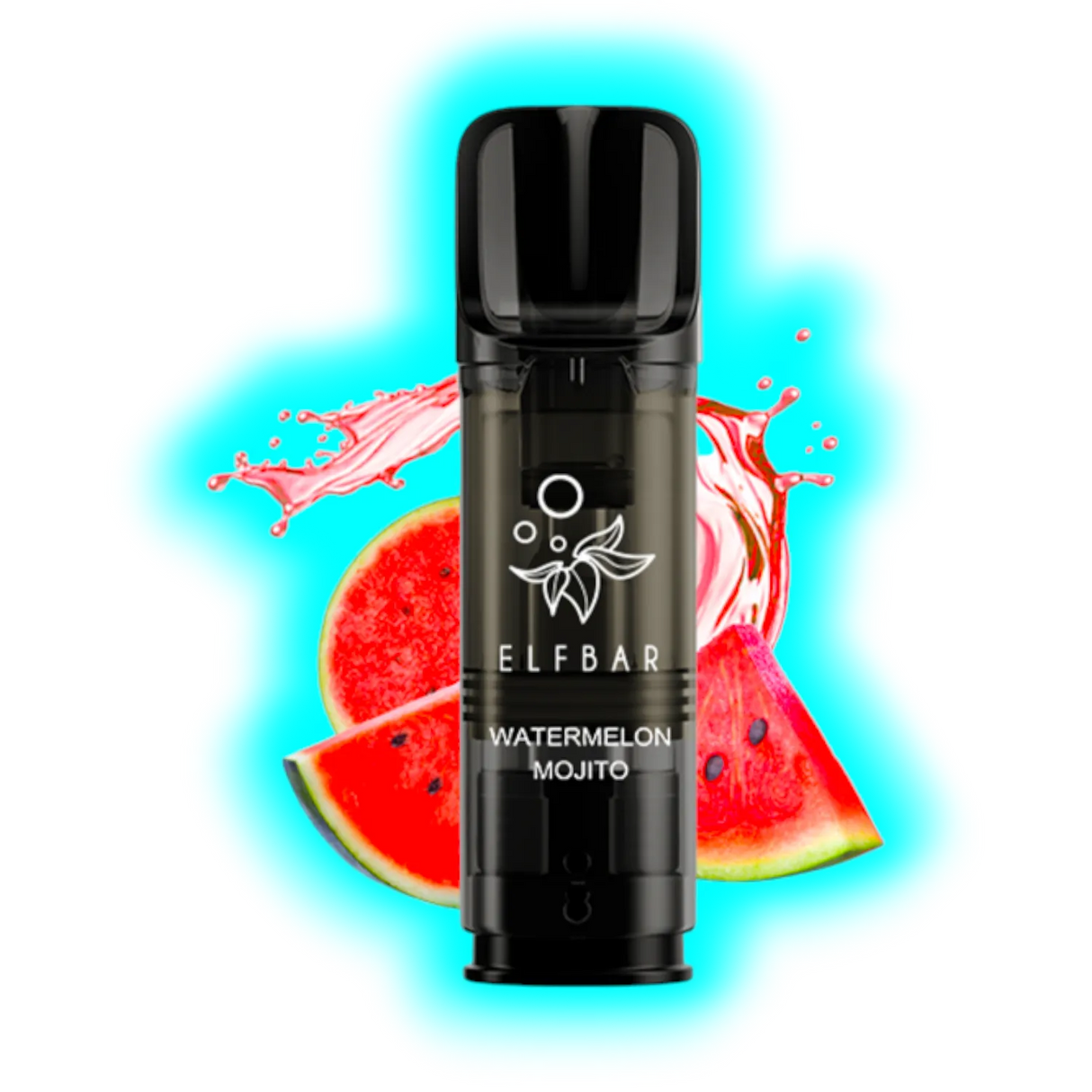 Schwarze Einweg-E-Zigarette mit der Aufschrift 'ELFBAR WATERMELON MOJITO' vor zwei Wassermelonenstücken und rotem Flüssigkeitsspritzer