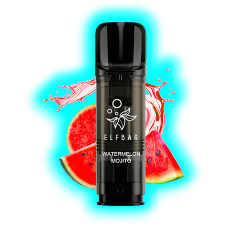 Schwarze Einweg-E-Zigarette mit der Aufschrift 'ELFBAR WATERMELON MOJITO' vor zwei Wassermelonenstücken und rotem Flüssigkeitsspritzer