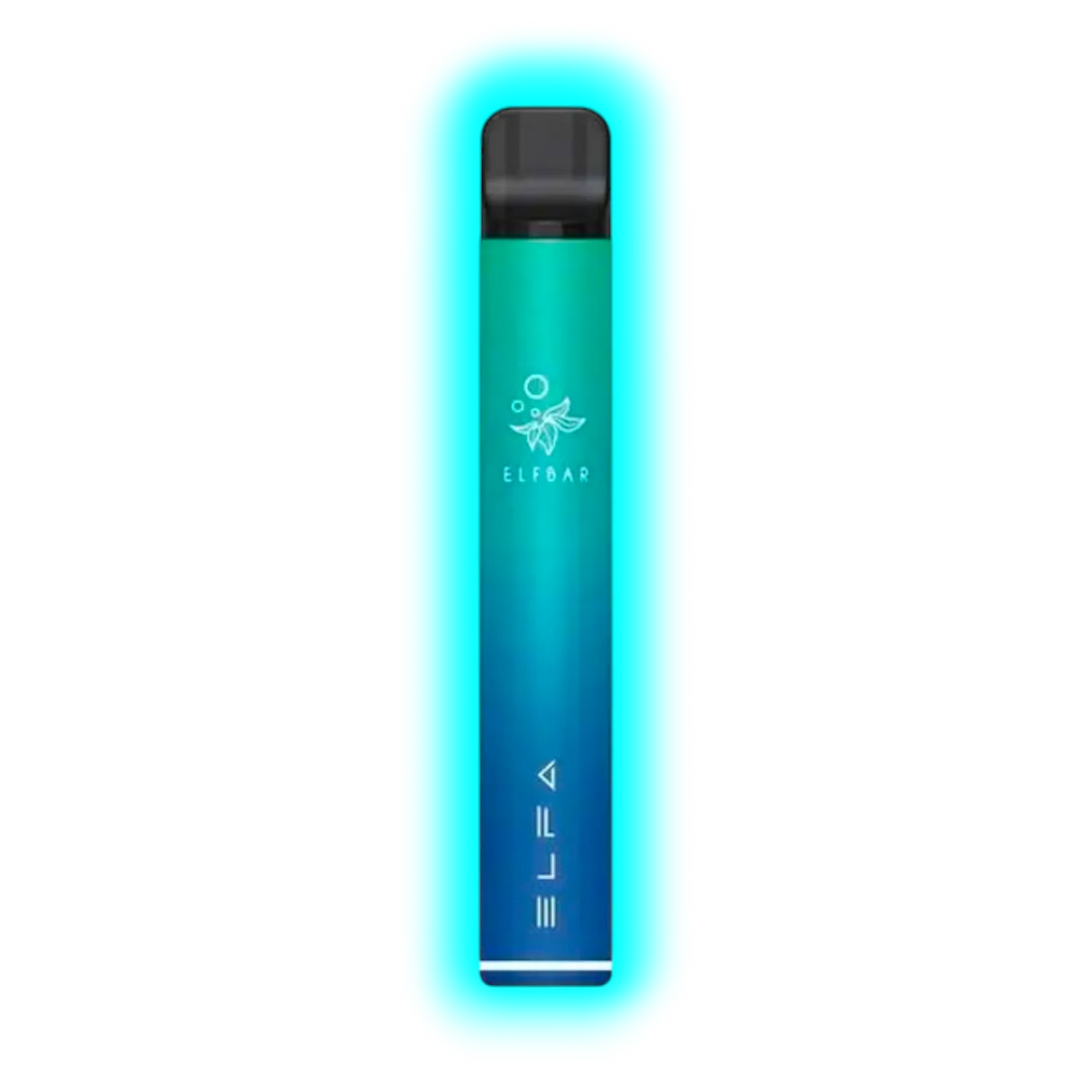 Schlanker, zylindrischer Vape-Stift mit Farbverlauf von Blau zu Grün und den weißen Schriftzügen 'ELFBAR' und 'ELFA'