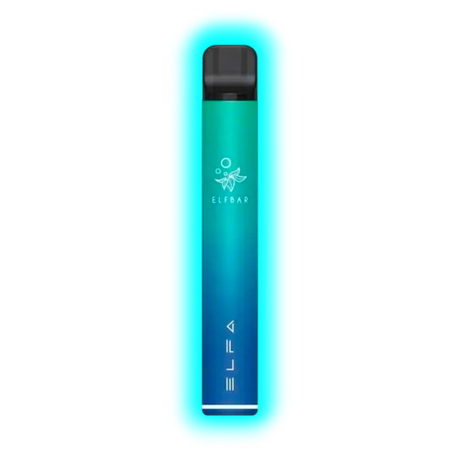 Schlanker, zylindrischer Vape-Stift mit Farbverlauf von Blau zu Grün und den weißen Schriftzügen 'ELFBAR' und 'ELFA'