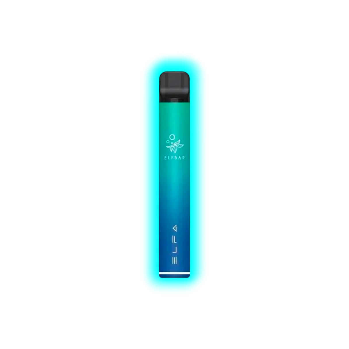 Schlanker, zylindrischer Vape-Stift mit Farbverlauf von Blau zu Grün und den weißen Schriftzügen 'ELFBAR' und 'ELFA'