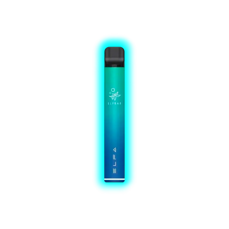 Schlanker, zylindrischer Vape-Stift mit Farbverlauf von Blau zu Grün und den weißen Schriftzügen 'ELFBAR' und 'ELFA'