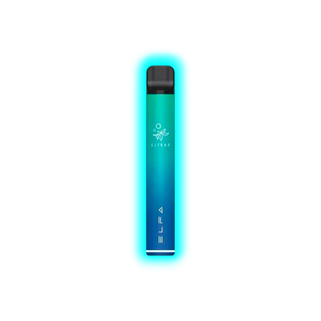 Schlanker, zylindrischer Vape-Stift mit Farbverlauf von Blau zu Grün und den weißen Schriftzügen 'ELFBAR' und 'ELFA'