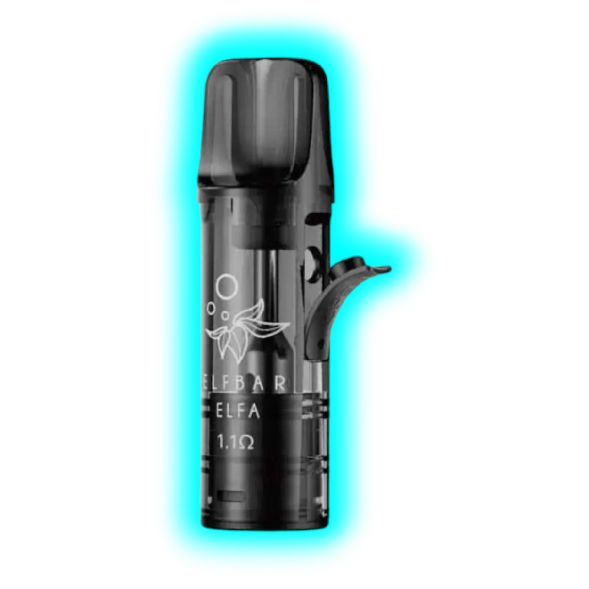 Nahaufnahme eines schwarzen, zylindrischen Nachfüllpods mit abgerundetem Mundstück und seitlichem Hebel, beschriftet mit 'ELFBAR ELFA 1.1Ω'
