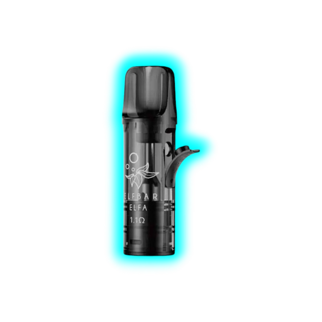 Nahaufnahme eines schwarzen, zylindrischen Nachfüllpods mit abgerundetem Mundstück und seitlichem Hebel, beschriftet mit 'ELFBAR ELFA 1.1Ω'