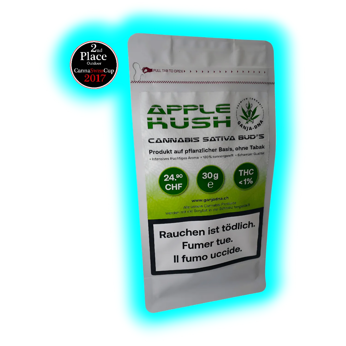Nahaufnahme: Apple Kush Label. Fokus auf das Cup-Siegel von 2017, die 30g Mengenangabe und den Warnhinweis ‚Rauchen ist tödlich‘