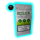 Nahaufnahme: Apple Kush Label. Fokus auf das Cup-Siegel von 2017, die 30g Mengenangabe und den Warnhinweis ‚Rauchen ist tödlich‘