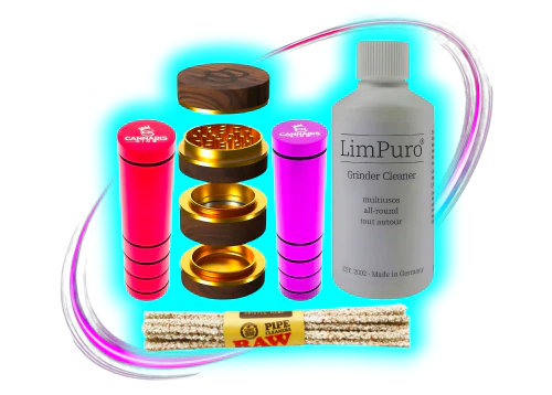 Übersicht von Hanfmühlen und passendem Zubehör