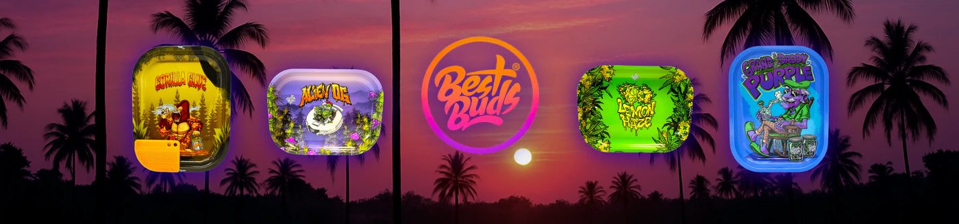 Übersicht von Best Buds Zubehör wie Rolling Trays, Aschenbechern und Boxen