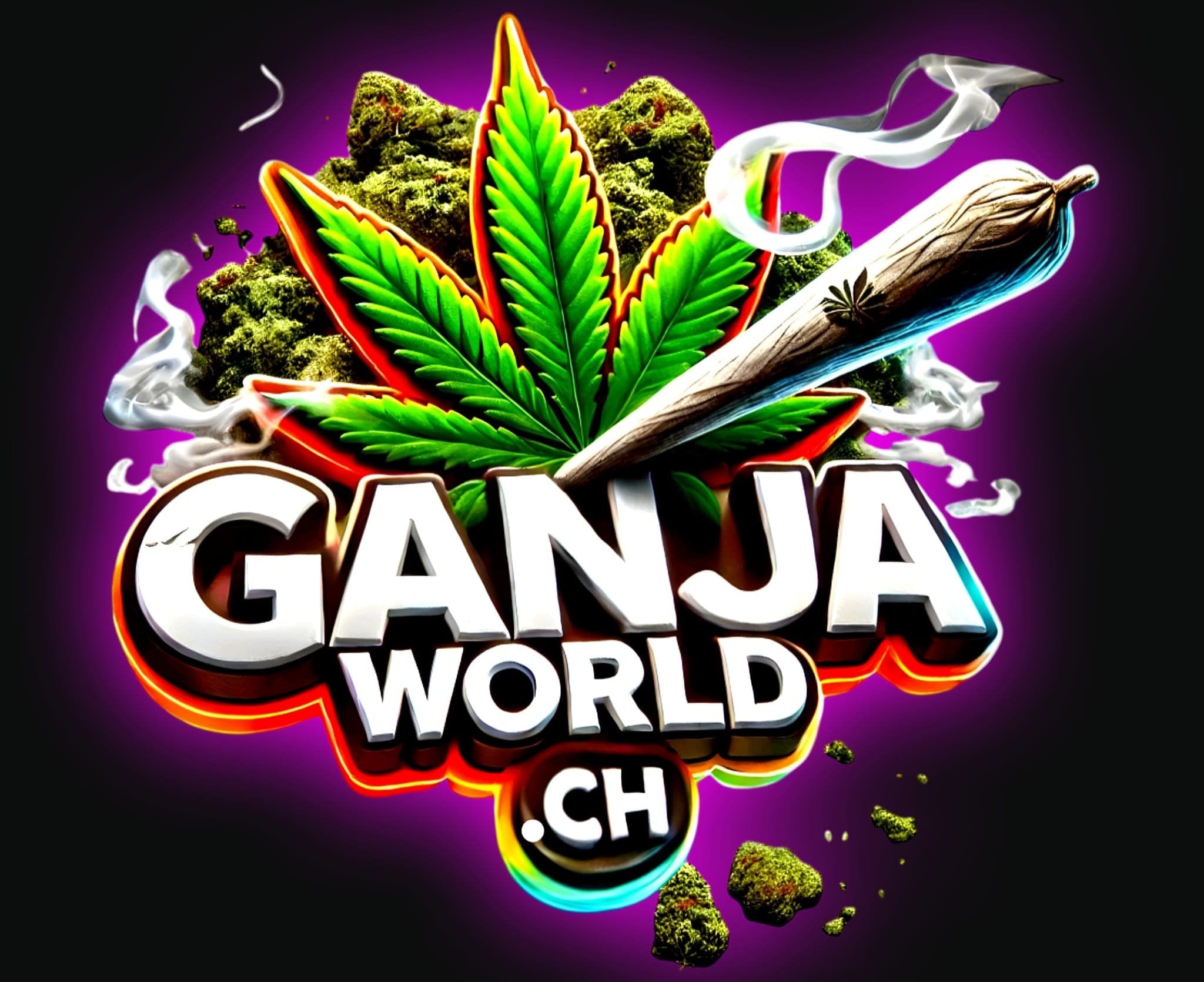 Logo von GanjaWorld.ch mit einem großen, grünen Hanfblatt im Hintergrund, einem rauchenden Joint und 3D-Schriftzug 'GANJA WORLD .CH' auf einem bunten Hintergrund.