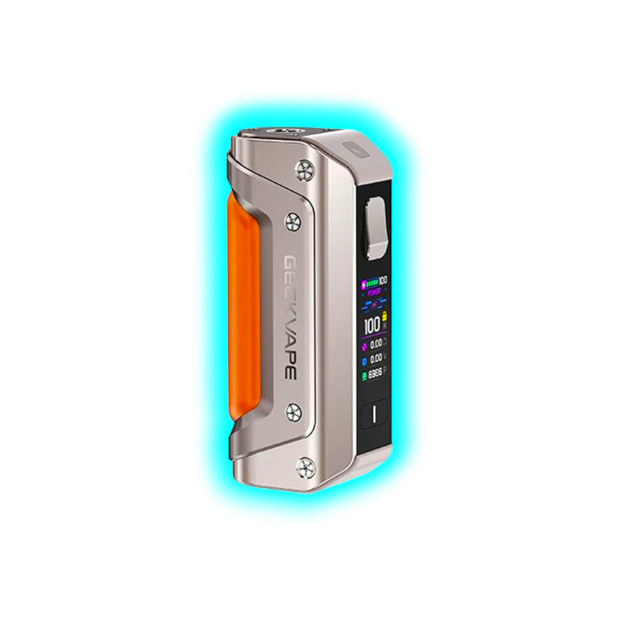 Nahaufnahme eines silberfarbenen GeekVape Aegis Solo 3 E-Zigaretten-Akkuträgers mit orangefarbenem Griff und farbigem Display