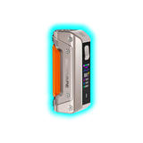 Nahaufnahme eines silberfarbenen GeekVape Aegis Solo 3 E-Zigaretten-Akkuträgers mit orangefarbenem Griff und farbigem Display
