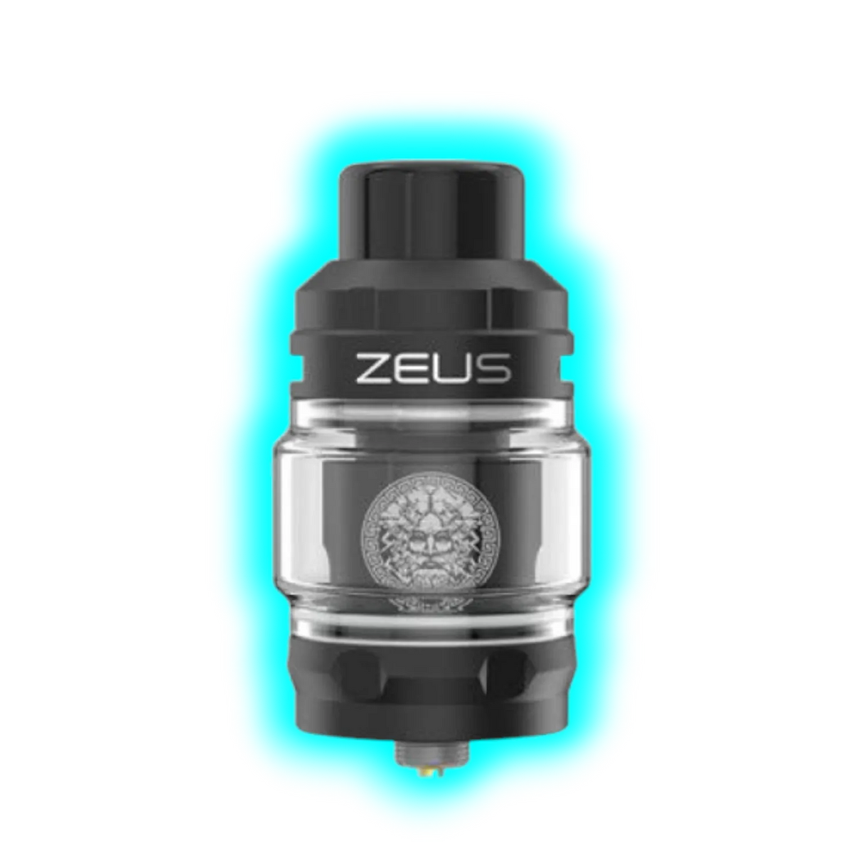 Nahaufnahme eines schwarzen Geek Vape Zeus Sub-Ohm-Tanks mit 5-ml-Glas und weißer Aufschrift 'ZEUS'
