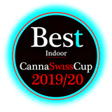 Rundes Logo mit einer leuchtend blauen Kontur und der Aufschrift „Best Indoor CannaSwissCup 2019/20“ in Weiß und Rot auf einem schwarzen Hintergrund.