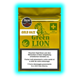 Goldgelbe Packung mit grünem Löwenlogo, Aufschrift ‚Green Lion GOLD HAZE‘ und dreisprachigen Warnhinweisen
