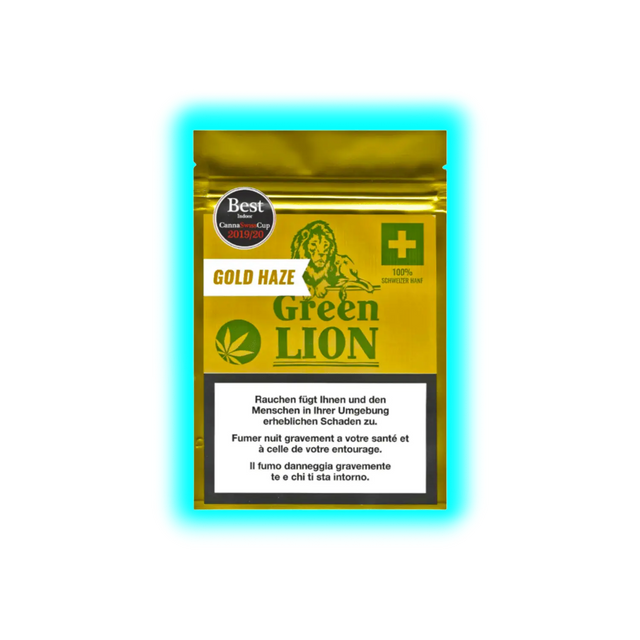 Goldgelbe Verpackung mit grünem Löwenlogo und der Aufschrift 'Green Lion GOLD HAZE' sowie einem Warnhinweis in Deutsch, Französisch und Italienisch