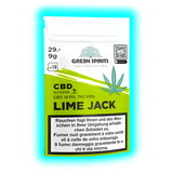 Nahaufnahme: Green Spirits Label. Sorte Lime Jack mit Fokus auf CBD/THC-Gehalt über den gesetzlichen Gesundheitstexten.