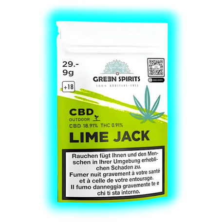 Nahaufnahme: Green Spirits Label. Sorte Lime Jack mit Fokus auf CBD/THC-Gehalt über den gesetzlichen Gesundheitstexten.