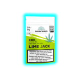 Verpackung mit der Aufschrift 'GREEN SPIRITS', 'CBD OUTDOOR LIME JACK', Angabe zu CBD- und THC-Gehalt sowie Warnhinweis in Deutsch, Französisch und Italienisch
