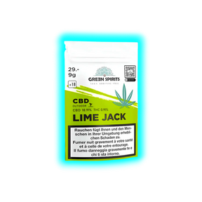 Verpackung mit der Aufschrift 'GREEN SPIRITS', 'CBD OUTDOOR LIME JACK', Angabe zu CBD- und THC-Gehalt sowie Warnhinweis in Deutsch, Französisch und Italienisch