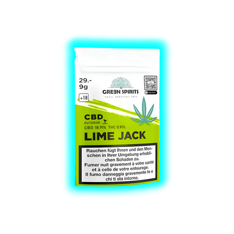 Verpackung mit der Aufschrift 'GREEN SPIRITS', 'CBD OUTDOOR LIME JACK', Angabe zu CBD- und THC-Gehalt sowie Warnhinweis in Deutsch, Französisch und Italienisch
