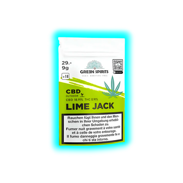 Verpackung mit der Aufschrift 'GREEN SPIRITS', 'CBD OUTDOOR LIME JACK', Angabe zu CBD- und THC-Gehalt sowie Warnhinweis in Deutsch, Französisch und Italienisch