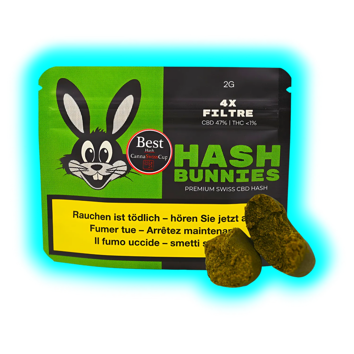 Verpackung mit grün-schwarzem Design und Hasen-Logo für "Hash Bunnies" CBD-Hasch mit zwei Haschklumpen davor