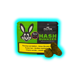 Verpackung mit grün-schwarzem Design und Hasen-Logo, darauf der Schriftzug 'HASH BUNNIES' und zwei Stück Haschisch davor