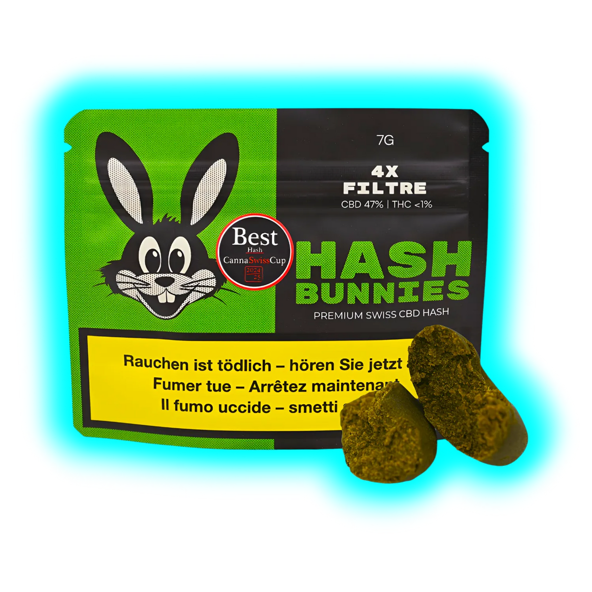 "Grün-schwarze 'Hash Bunnies' CBD-Verpackung mit Hasen-Logo, davor zwei Haschklumpen."