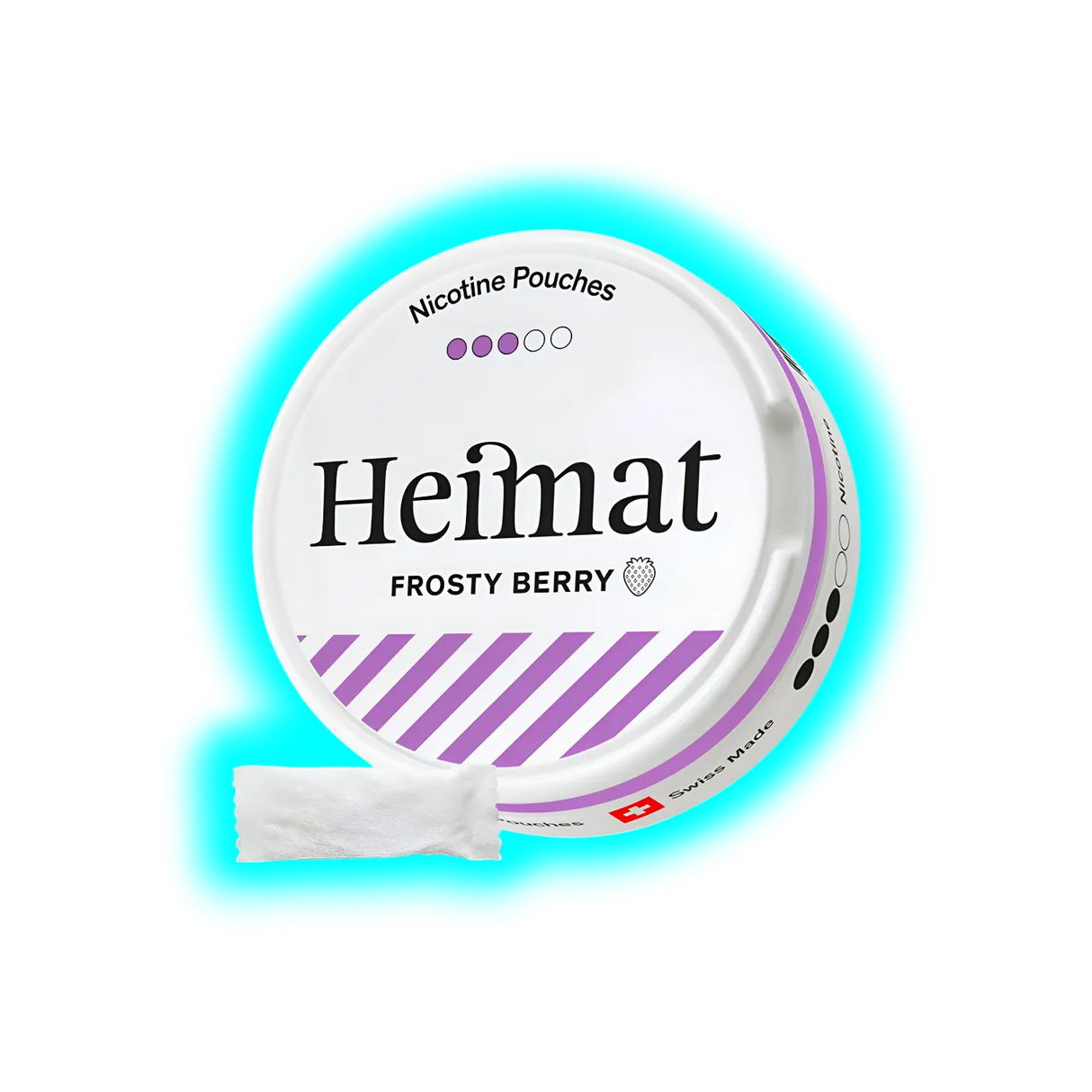 Runde Dose mit Aufschrift 'Heimat Frosty Berry' und violetten Streifen, daneben ein weißes Päckchen mit Nikotinbeuteln