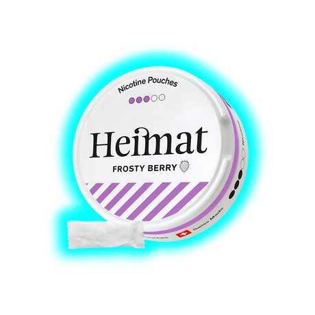 Runde Dose mit Aufschrift 'Heimat Frosty Berry' und violetten Streifen, daneben ein weißes Päckchen mit Nikotinbeuteln