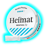 Runde Dose mit Schriftzug Heimat Menthol und davor platziertem weißen Portionsbeutel