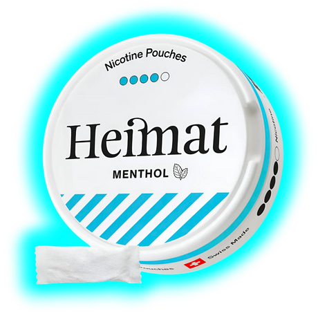 Runde Dose mit Schriftzug Heimat Menthol und davor platziertem weißen Portionsbeutel