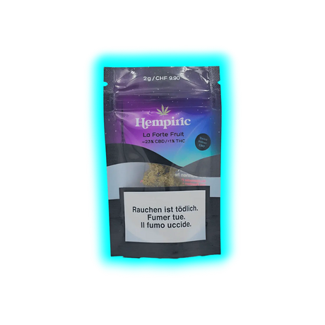 Verpackung von Hempiric La Forte Fruit CBD-Blüten mit Warnhinweis in Deutsch, Französisch und Italienisch