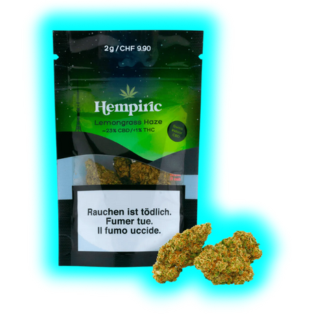 Zwei getrocknete Hanfblüten vor der ‚Lemongrass Haze‘-Verpackung. Sichtbar: Preis 9.90 CHF und mehrsprachige Gesundheitstexte.