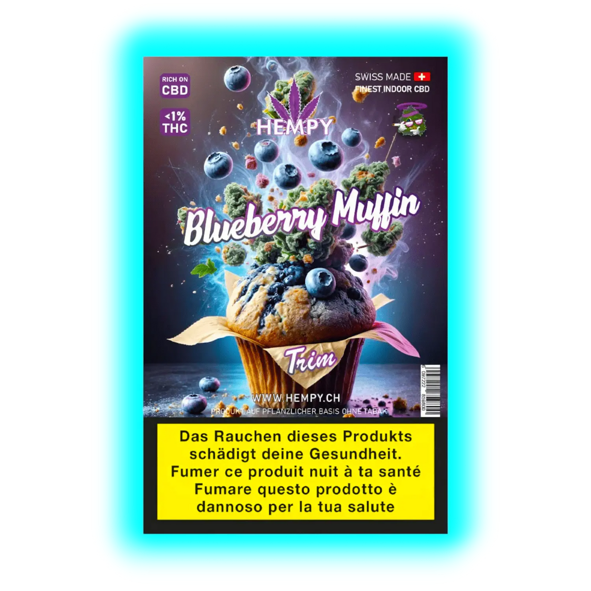 Detailansicht: ‚Hempy Blueberry Muffin Trim‘ Packung mit Blaubeer-Muffin-Grafik und mehrsprachigen Gesundheitshinweisen.