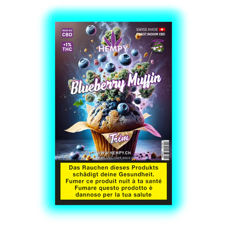 Detailansicht: ‚Hempy Blueberry Muffin Trim‘ Packung mit Blaubeer-Muffin-Grafik und mehrsprachigen Gesundheitshinweisen.