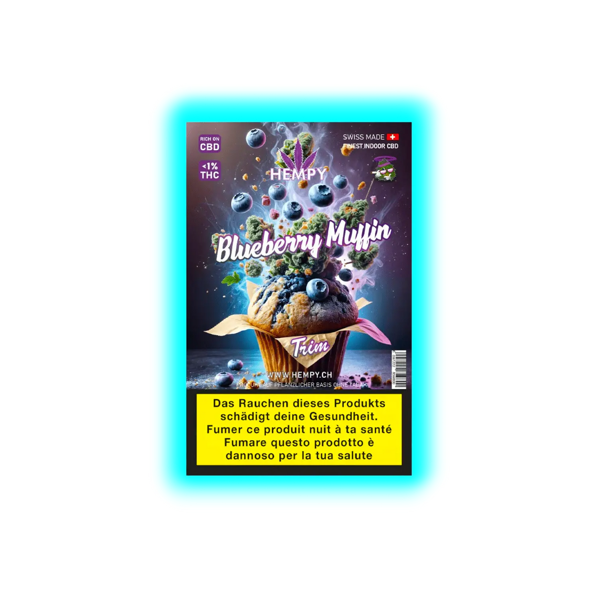 Schriftzug ‚Hempy Blueberry Muffin Trim‘ auf Verpackung mit Muffin-Illustration und Warntexten in mehreren Sprachen.