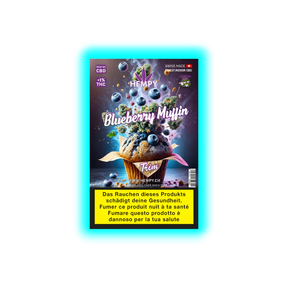Schriftzug ‚Hempy Blueberry Muffin Trim‘ auf Verpackung mit Muffin-Illustration und Warntexten in mehreren Sprachen.