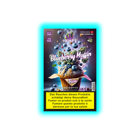 Schriftzug ‚Hempy Blueberry Muffin Trim‘ auf Verpackung mit Muffin-Illustration und Warntexten in mehreren Sprachen.