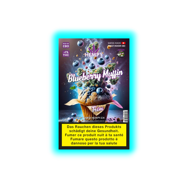 Schriftzug ‚Hempy Blueberry Muffin Trim‘ auf Verpackung mit Muffin-Illustration und Warntexten in mehreren Sprachen.